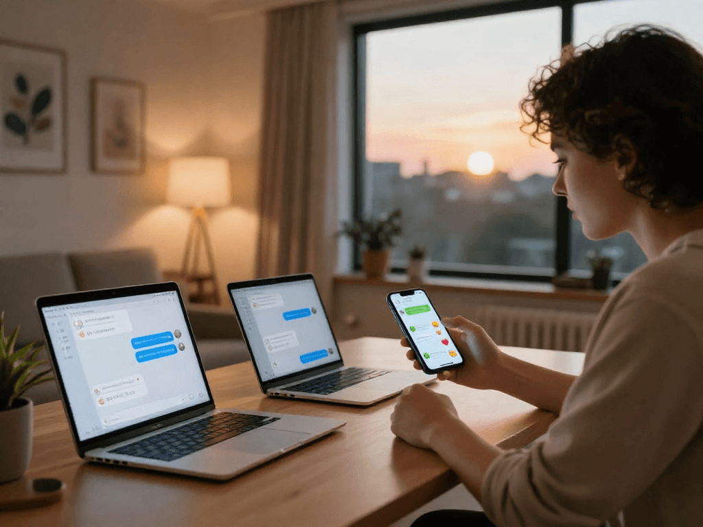 Sexting AI enhances intimate communication between couples in a cozy home office.