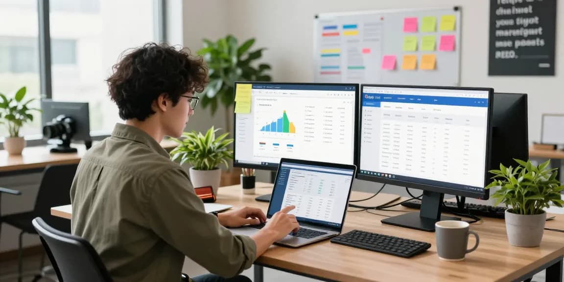 Digital marketing workspace showcasing go8 analytics tools and creative productivity in a vibrant office.