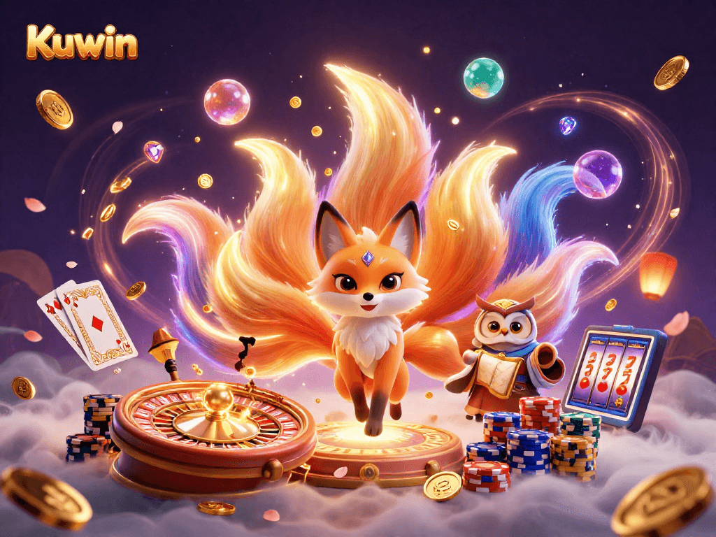 Kuwin's vibrant 3D illustrated casino scene showcases a fox spirit, owl, and dynamic casino elements.