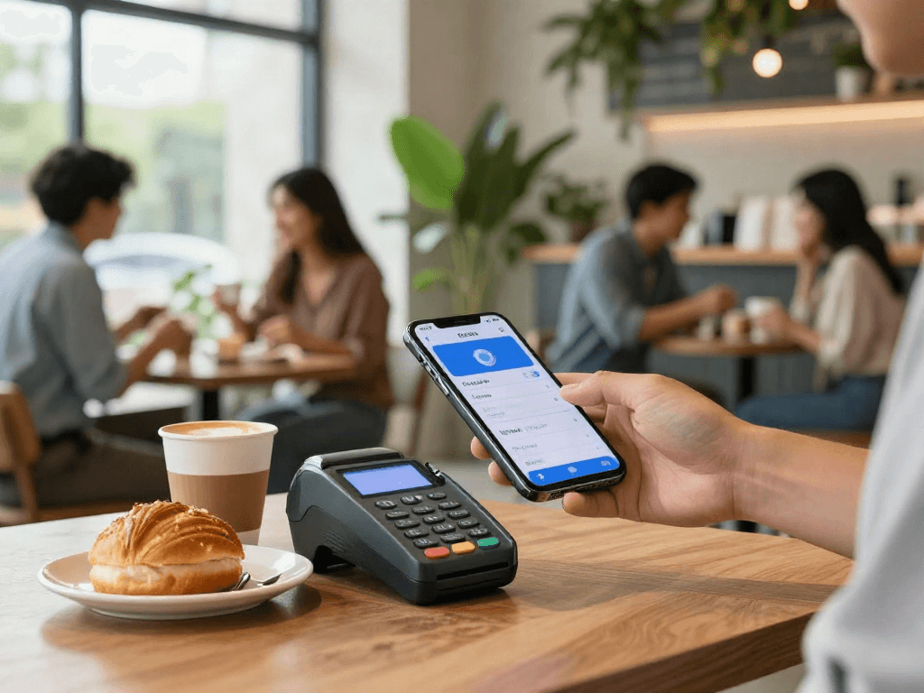 Customer making a payment with slot qris at a modern cafe, showcasing digital convenience.
