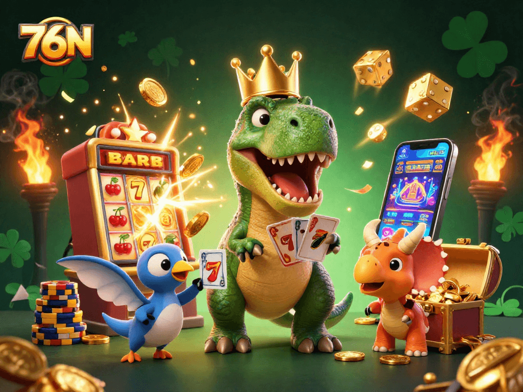 Atraia a sorte com 76N em uma cena animada de cassino com dinossauros e caça-níqueis.