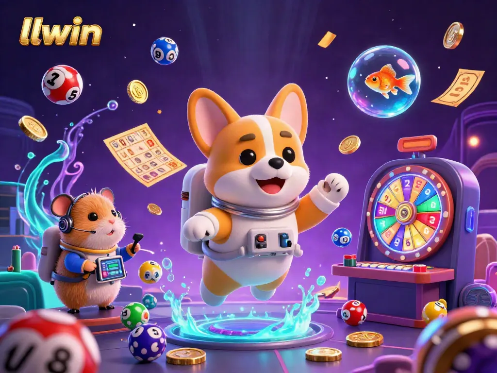 llwin showcases a unique zero-gravity casino scene featuring a corgi astronaut and vibrant game elements.