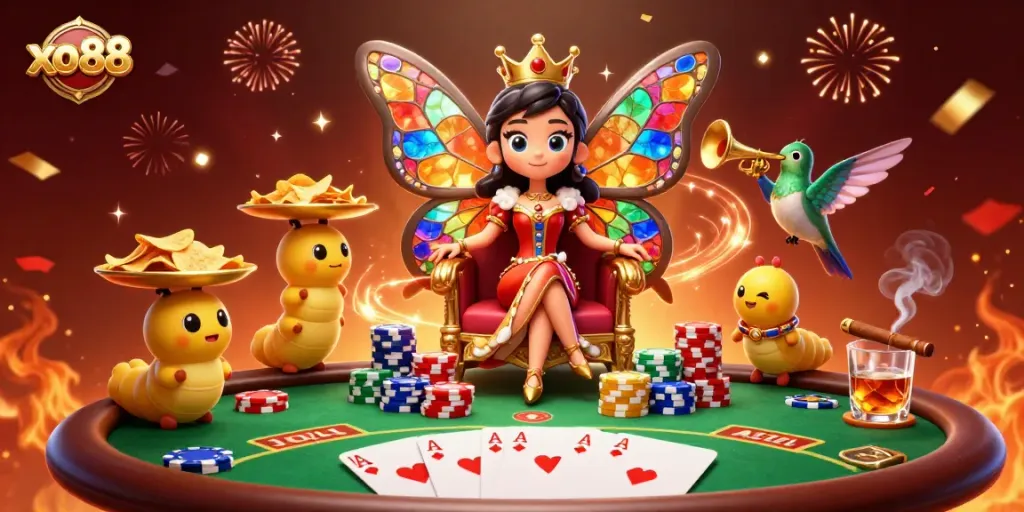 Experience exciting gaming at xo88 with a colorful butterfly queen surrounded by vibrant casino elements.
