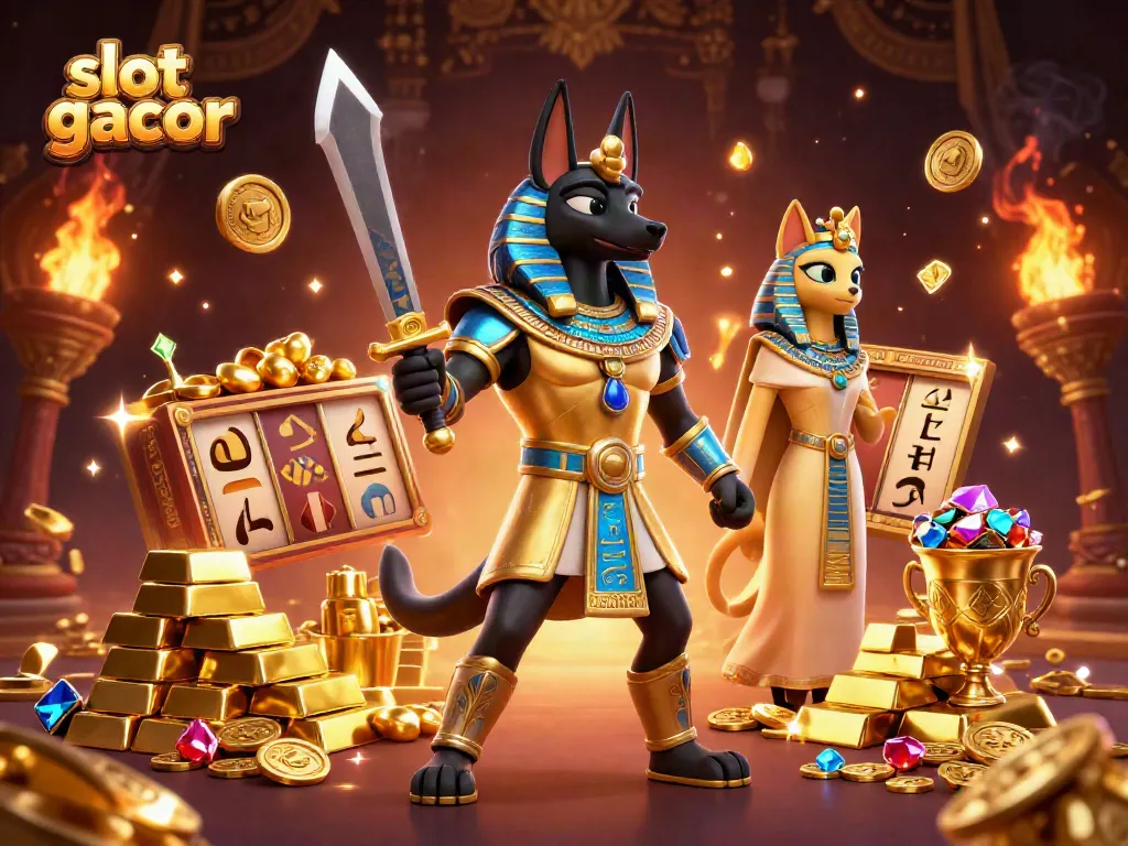 Play slot gacor with the powerful Anubis and Bastet in a dazzling golden treasure scene