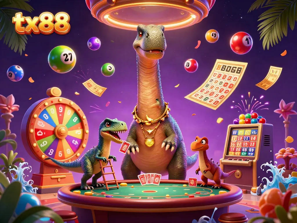 Engaging tx88 casino scene featuring a brontosaurus and clever raptor dealer amidst lottery balls and prizes.