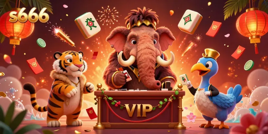 Engage with s666's exciting casino world featuring a mammoth bouncer, VIP saber-tooth guest, and dodo doorman.