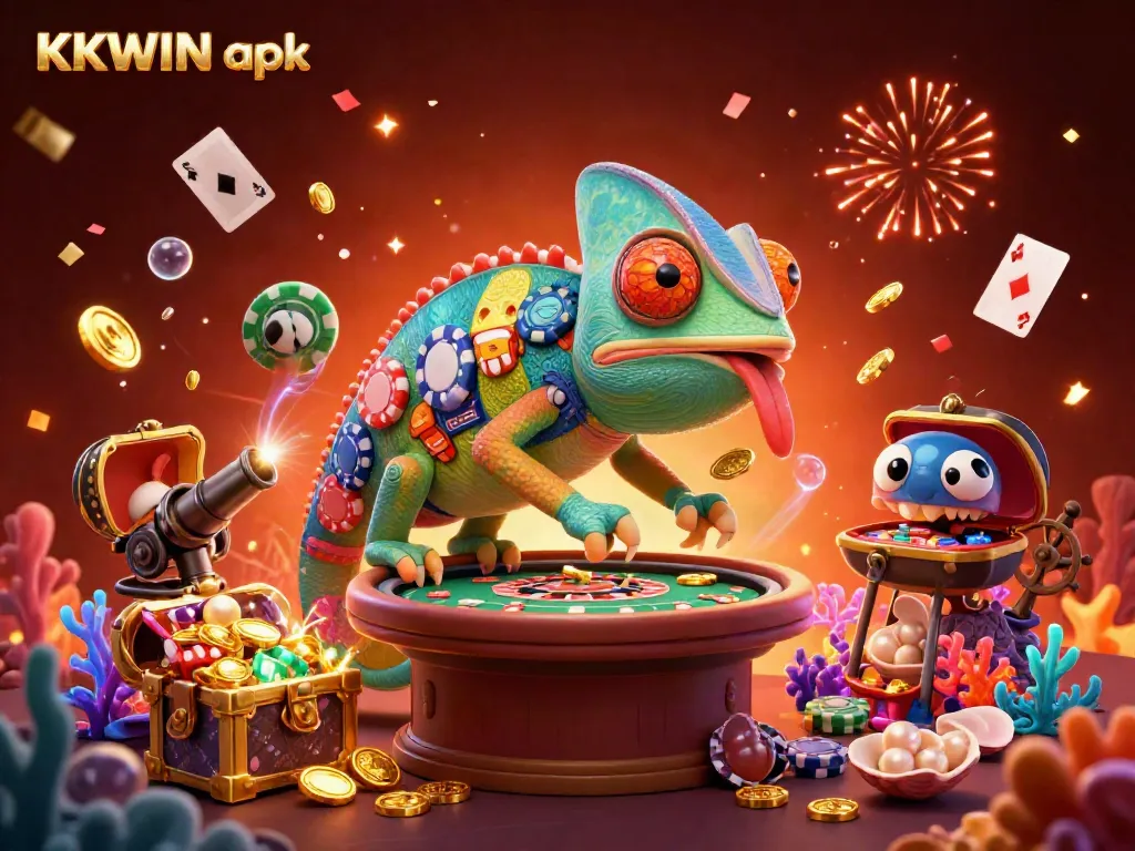 Experience exciting games and vibrant fun with KKWIN apk at this dynamic 3D casino illustration featuring a chameleon owner.