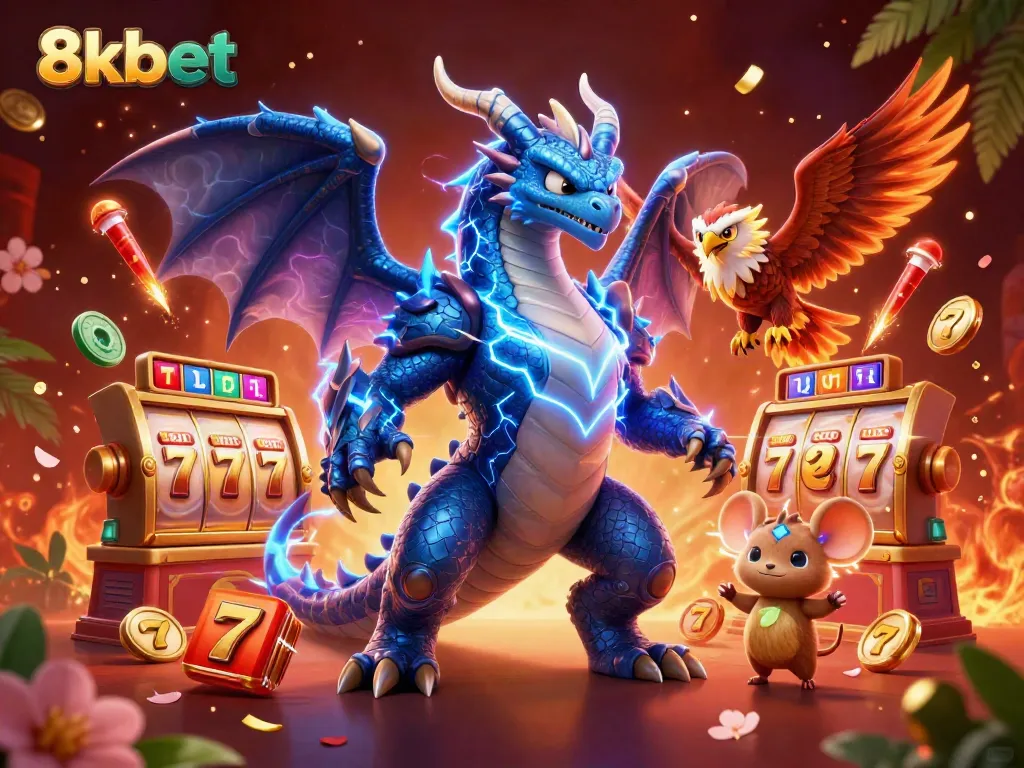 Experience thrilling gaming moments with 8xbet featuring a dynamic 3D illustration of various slot games.