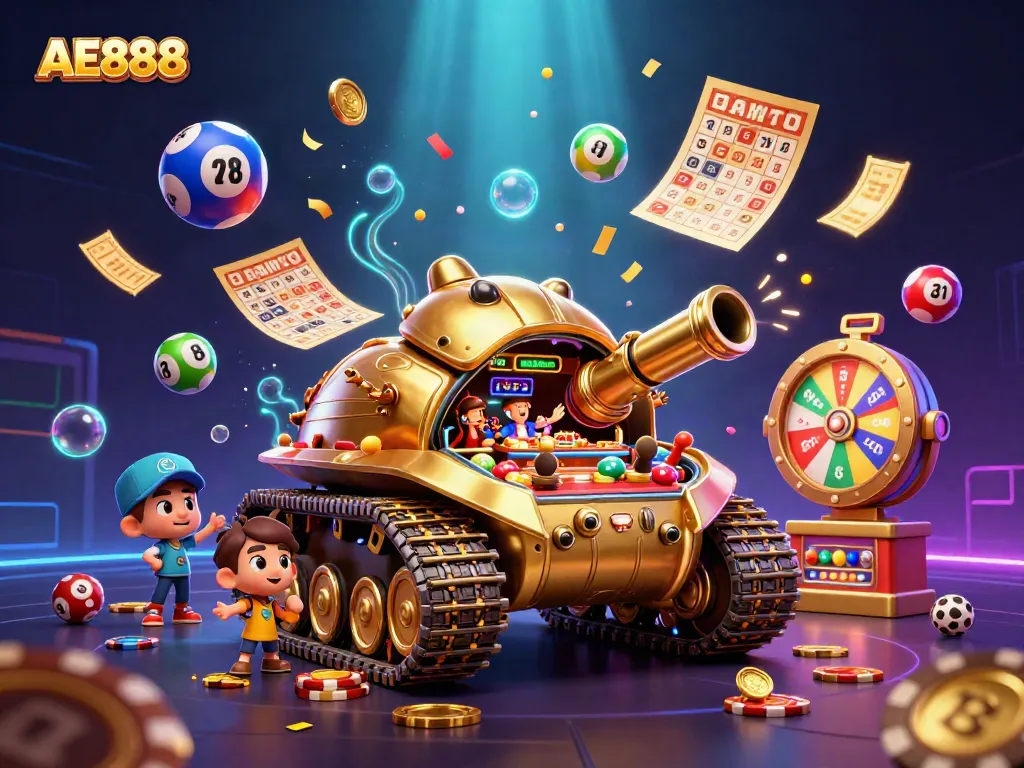 Experience AE888's vibrant casino atmosphere with a golden beetle tank revealing a mini casino inside.