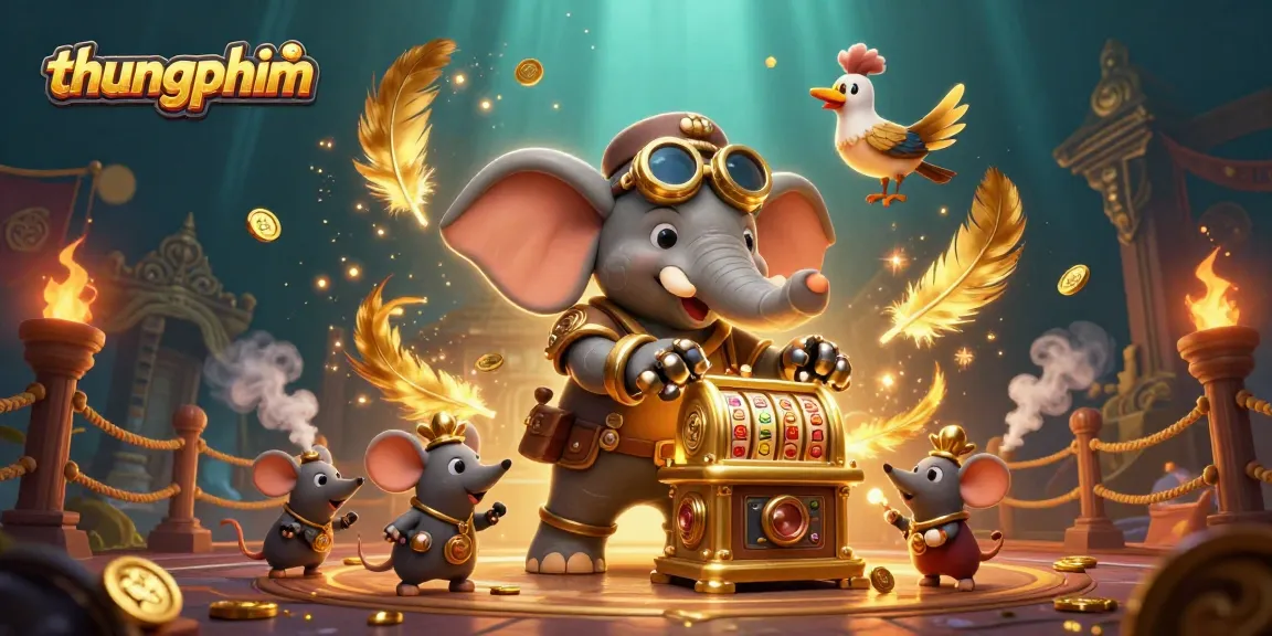 Spin and win with thungphim's steampunk slot machine featuring vibrant golden coins!