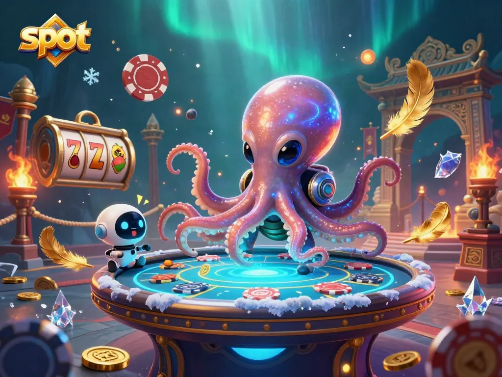 Explore dynamic slot gameplay with a vibrant 3D alien octopus and poker elements in a cosmic setting.