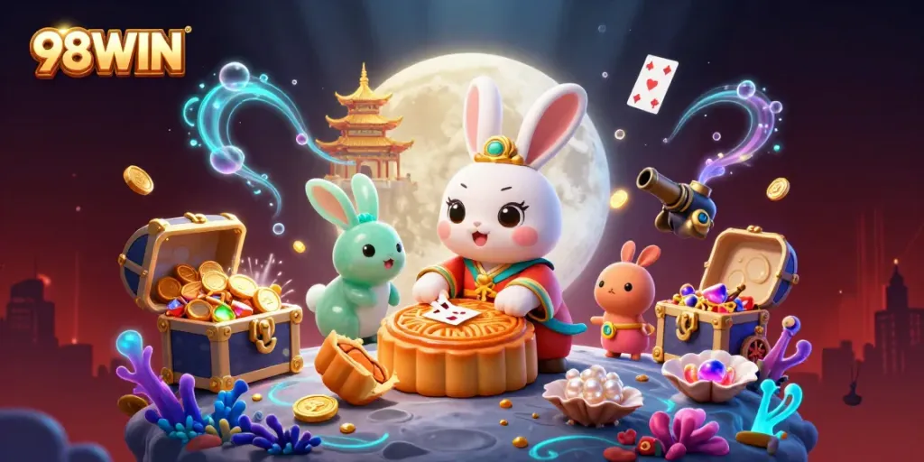 Experience the excitement of 98WIN as the moon rabbit pounds mooncakes revealing poker chips amidst an enchanting casino-themed backdrop.