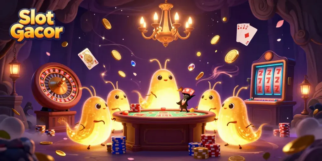 Enjoy the vibrant Slot Gacor experience in a 3D casino scene filled with glowworms and casino elements.
