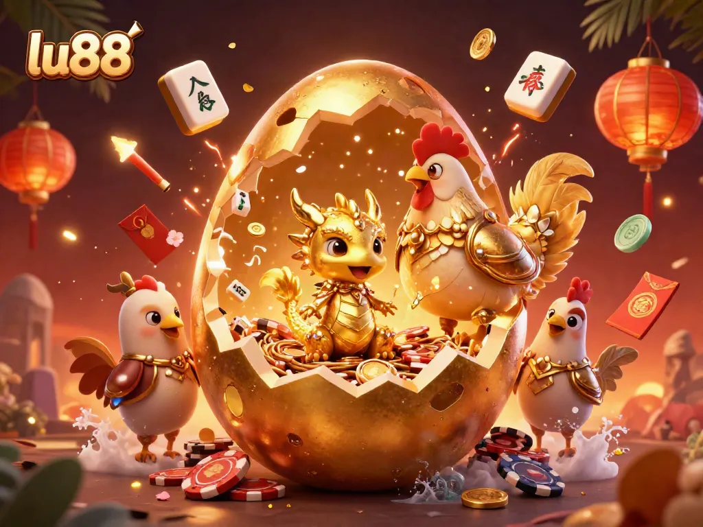 Experience excitement at lu88 with a golden dragon guarding poker chips and vibrant casino elements.