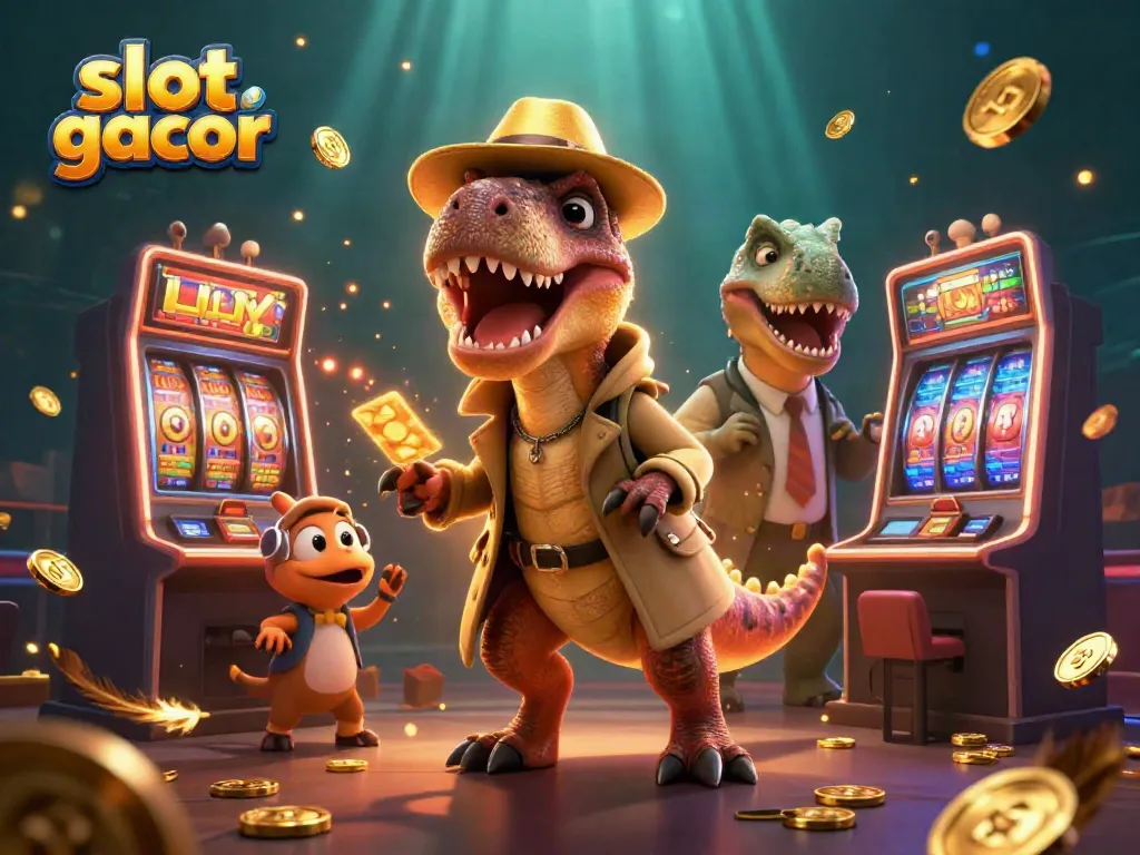 Experience dynamic slot gacor action with a velociraptor, stegosaurus, and a compy at a bustling slot machine.
