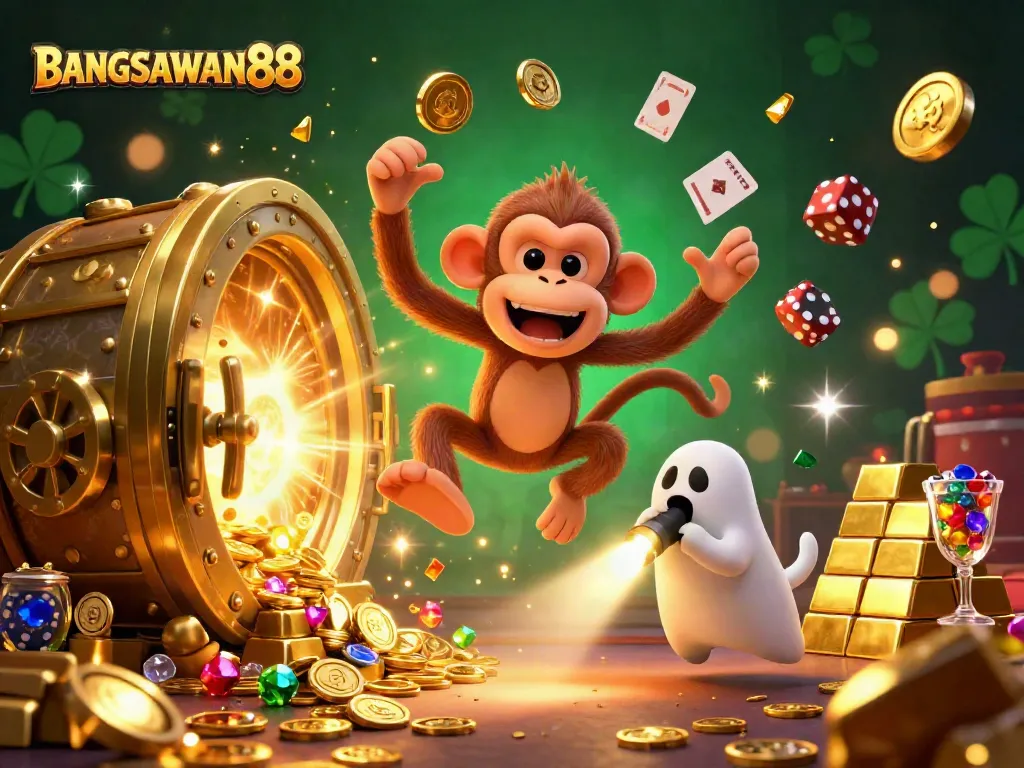 BANGSAWAN88 showcases exciting casino moments with a playful monkey juggling coins in a haunted casino.
