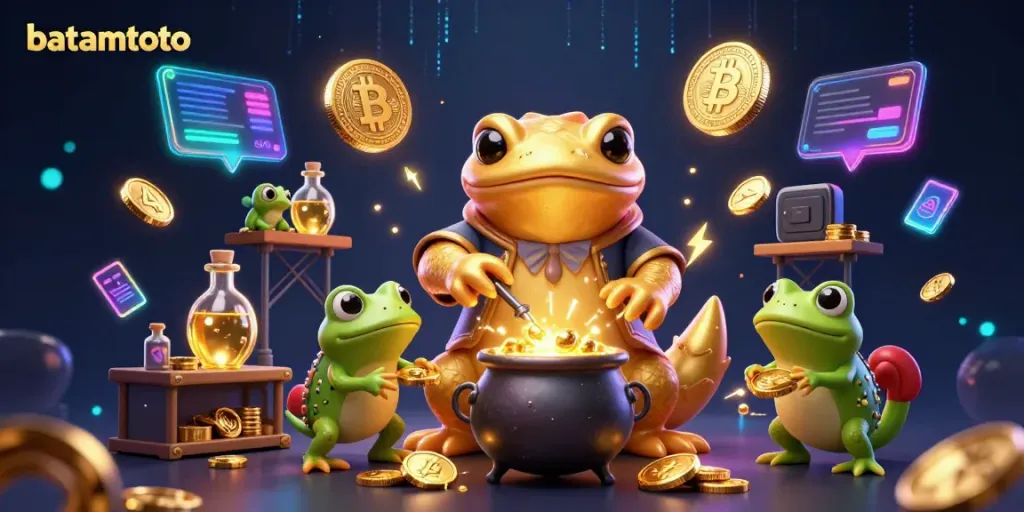 Experience the thrilling world of batamtoto with a magical illustration of an alchemist surrounded by gold and crypto elements.