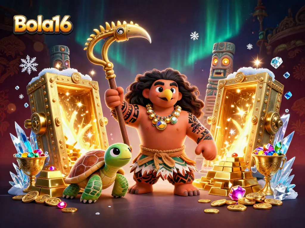 Bola16 captures the excitement of online gambling with a vibrant 3D demigod and treasure elements.
