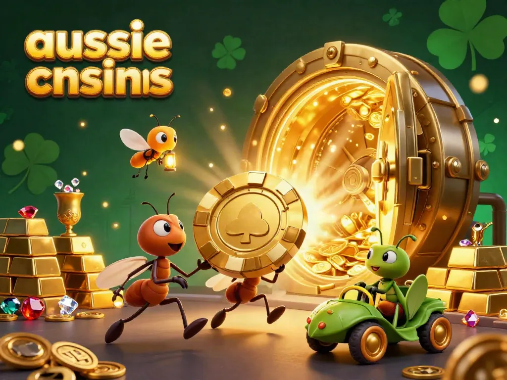 Experience the excitement of aussie online casinos as vibrant ants participate in a thrilling heist in a stunning digital illustration.