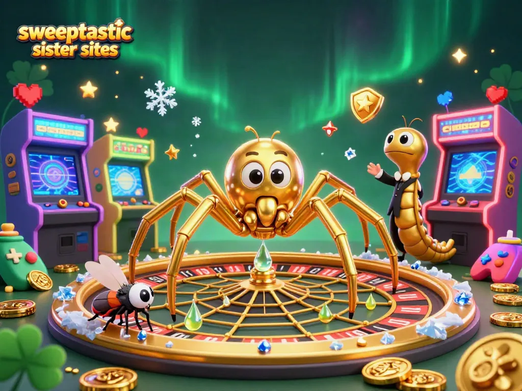 Engage with sweeptastic sister sites in a vibrant casino-like scene featuring animated characters and casino elements.