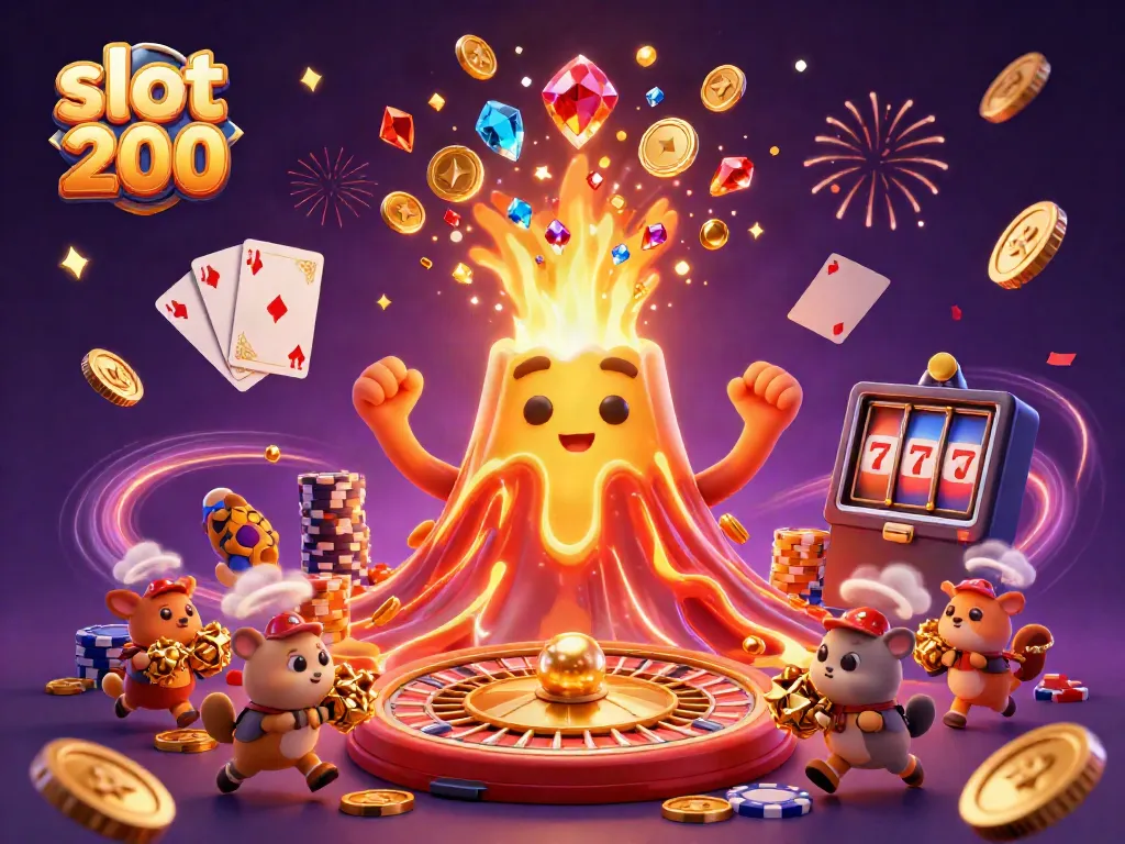 Experience thrilling wins with slot 200 in this colorful 3D casino scene featuring treasures and game elements.