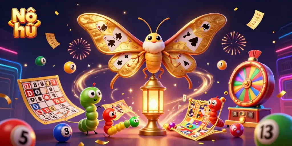 Nổ hũ: Explore vibrant casino scenes with themed lottery elements and festive confetti.