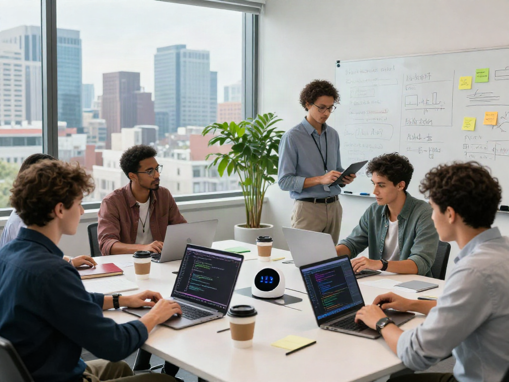 Collaboration at ALO8APP.WIN development workspace, showcasing diverse team with laptops and brainstorming tools.