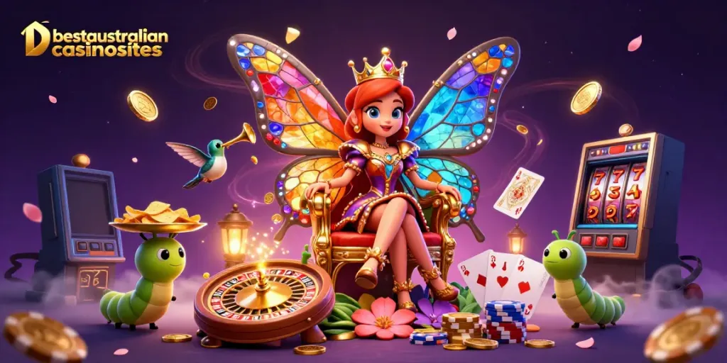 Experience the magic of bestaustraliancasinosites with a vibrant casino scene featuring a cartoon butterfly queen and PayID elements.