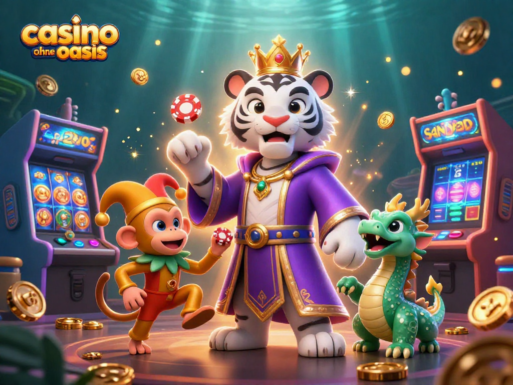 Engage with casino ohne oasis vividly depicted in a dynamic 3D scene featuring a royal tiger and jester monkey.