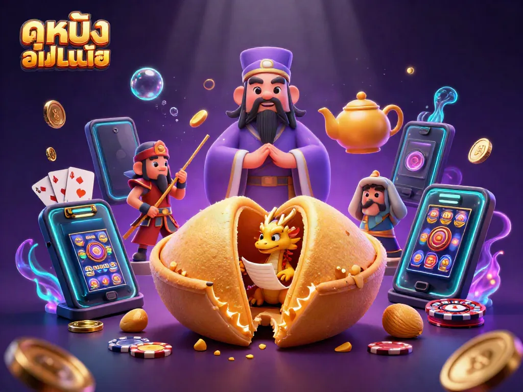 Engage in ดูหนังออนไลน์ with an appealing 3D illustration highlighting a golden fortune cookie, dragon, and dynamic casino elements.