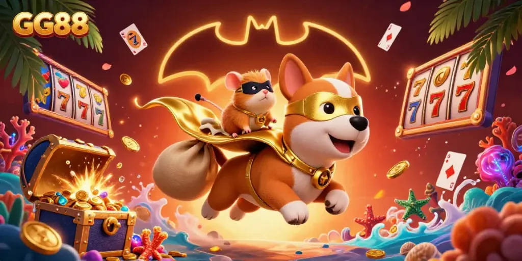 Watch the dynamic superhero dog from GG88 flying above slot reels and gold coins in a vibrant casino scene.