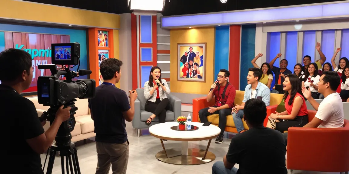 Enthusiastic hosts discussing popular series on kapamilyachannel.com in a vibrant TV studio.