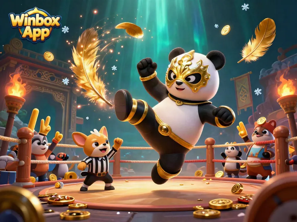 Engage with the thrilling Winbox App featuring a dynamic panda wrestler and animal spectators in a vibrant casino scene.