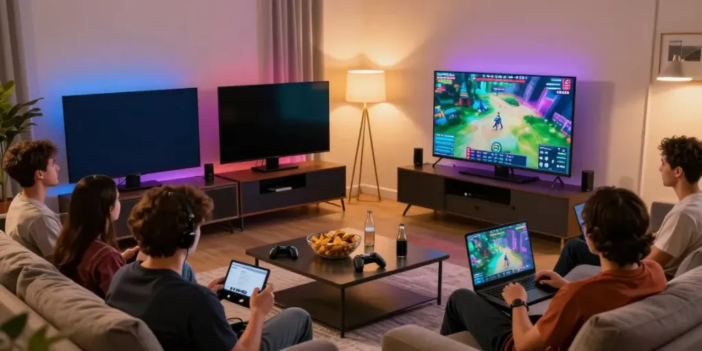 Group of friends enjoying rbtv.io gaming charity stream in a cozy living room.