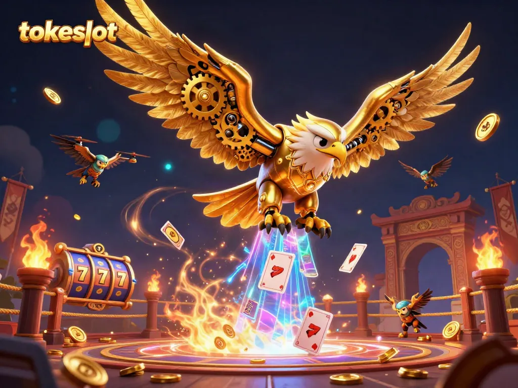 Experience tokeslot's thrilling dive into slots with a cybernetic eagle amidst holographic cards.