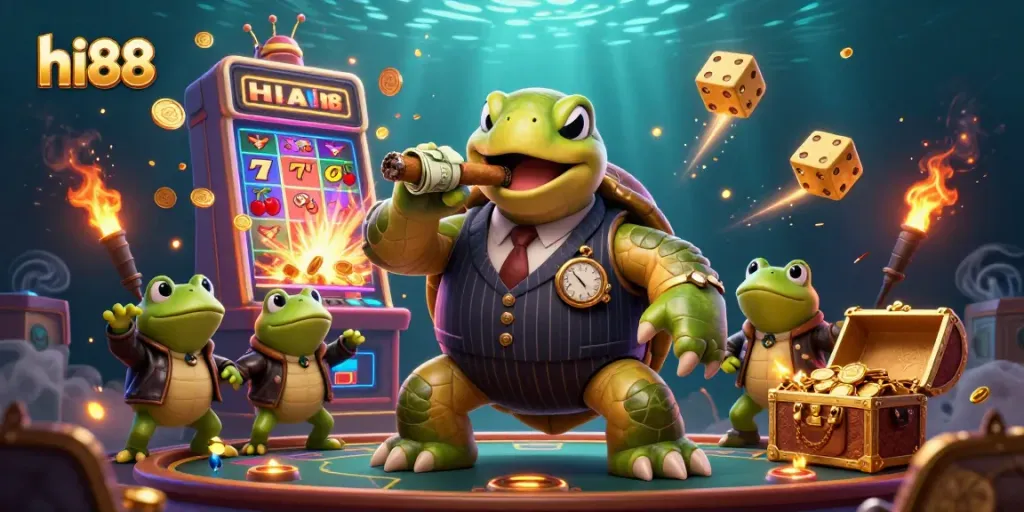 hi88 players winning big at a vibrant casino with engaging characters and dynamic game elements