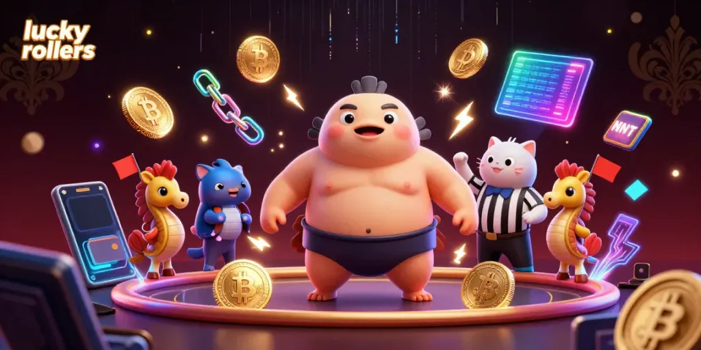Experience thrilling bets with lucky rollers at a dynamic crypto casino scene featuring cartoon characters.