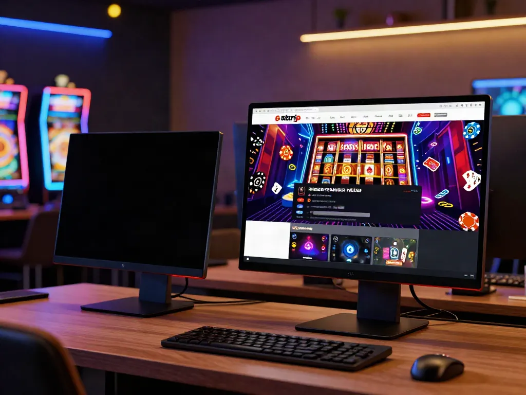 Akunjp online gambling website on a computer screen with gaming elements and vibrant lights.