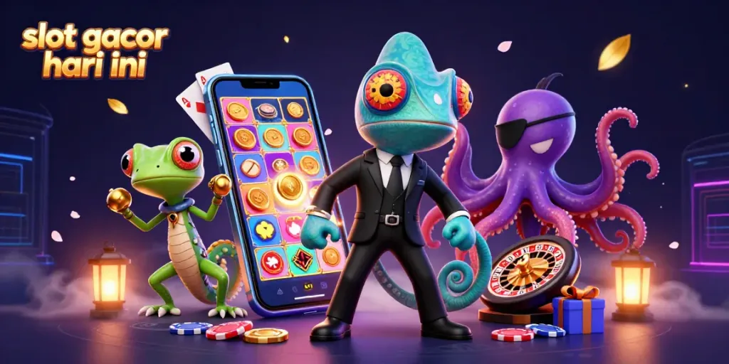 Slot gacor hari ini menampilkan chameleon agen rahasia 3D, gecko, dan gurita, dikelilingi permainan slot yang menggemparkan.