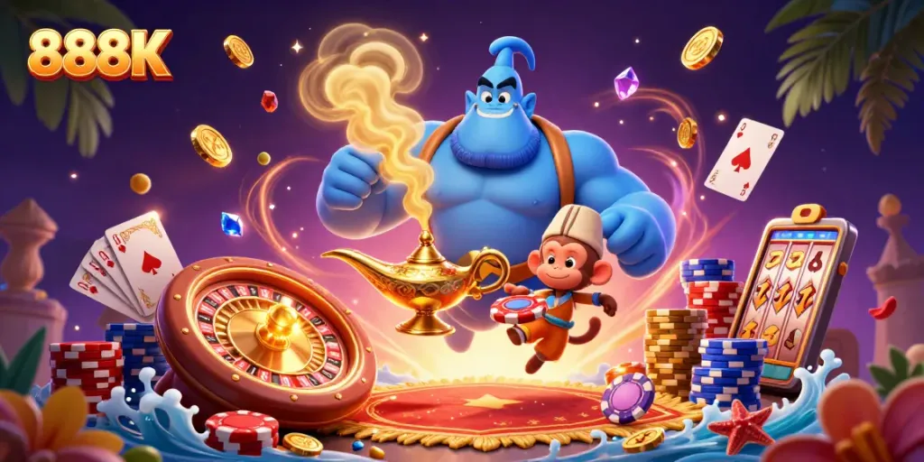 Engage with 888K in an exciting casino adventure featuring genies and poker chips.