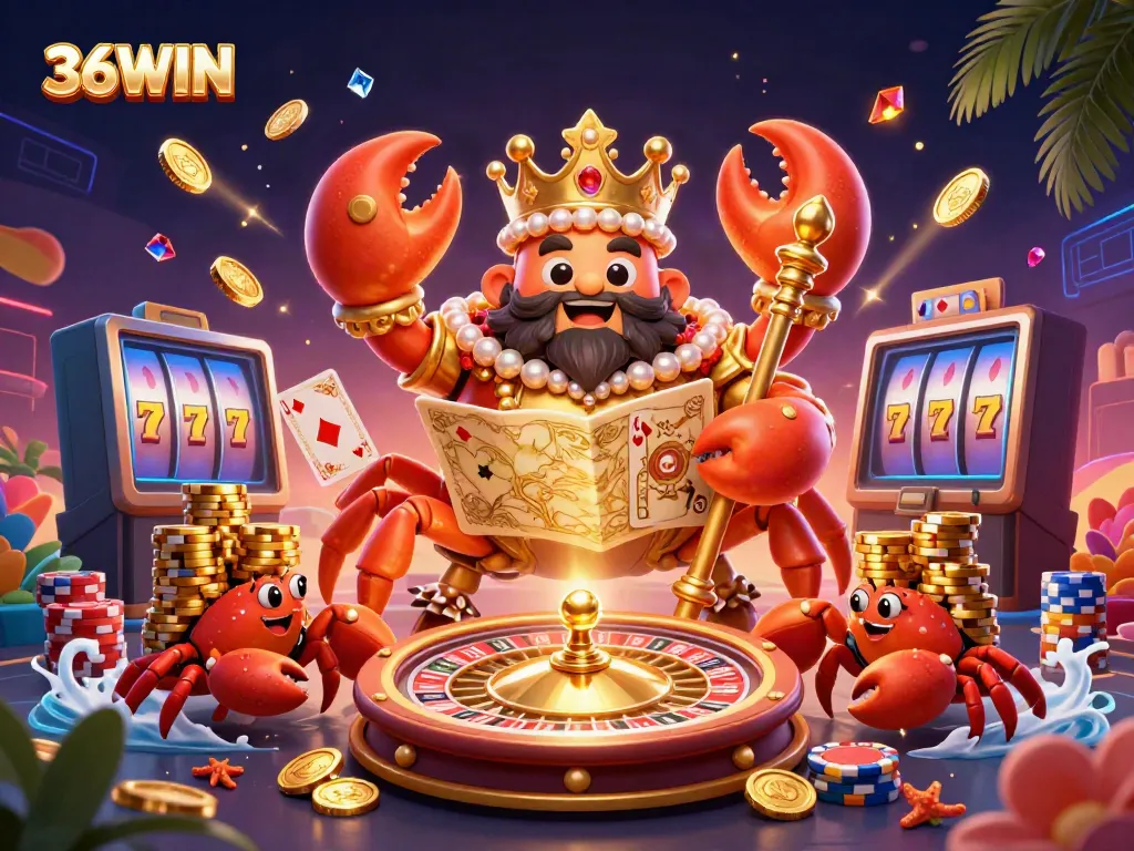 Experience the excitement of 36WIN with a vibrant scene of a golden crab emperor amidst casino riches.