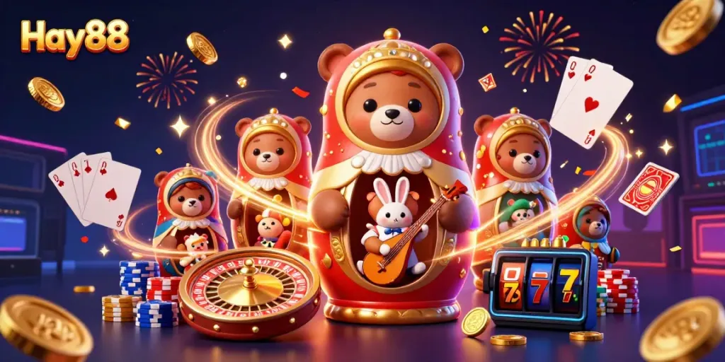 Experience thrilling wins at Hay88 in this vibrant 3D casino illustration.
