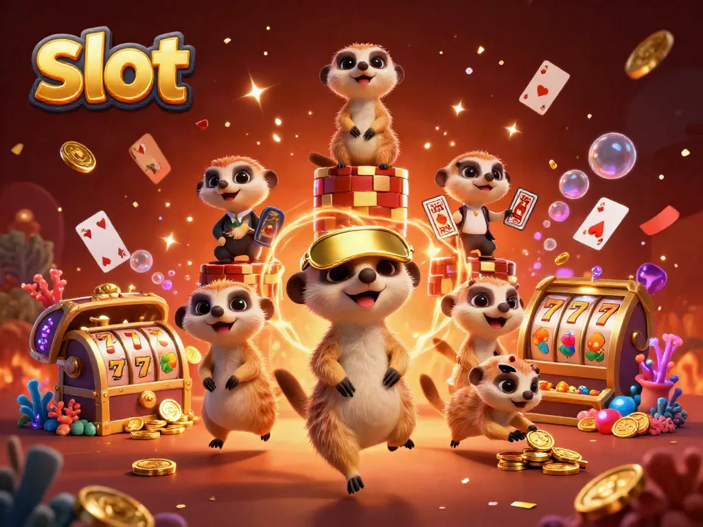 Meerkats bermain slot sambil menyaksikan chip dan jackpot di kasino bawah laut.