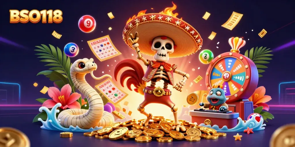 Experience the vibrant world of BSO118 with a lively 3D illustration featuring a mariachi rooster and a DJ hamster amidst dynamic casino elements.