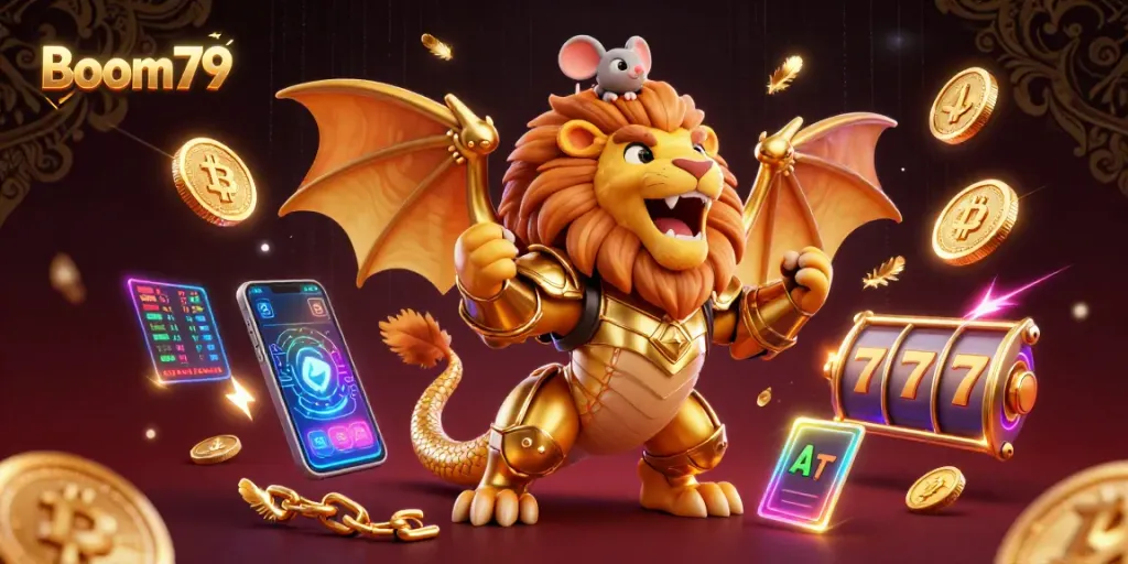 Experience Boom79 with vibrant slot reels and a triumphant chimera in an electrifying casino scene.