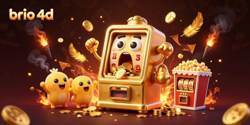Experience the thrill of brio 4d as animated slot machines celebrate a big win with coins flying around!