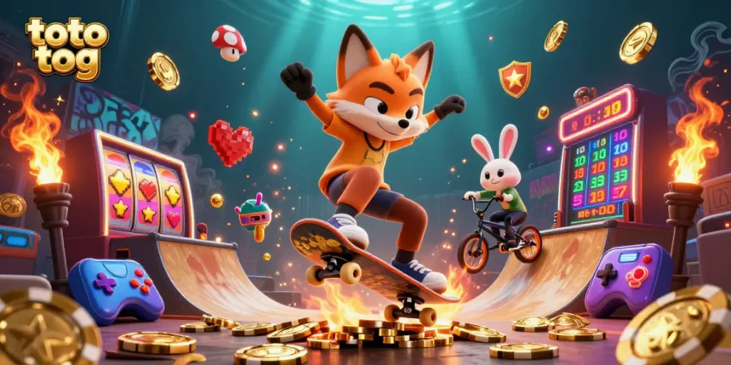 Experience the excitement of gambling with toto tog in this vibrant 3D cartoon scene featuring diverse gaming elements.