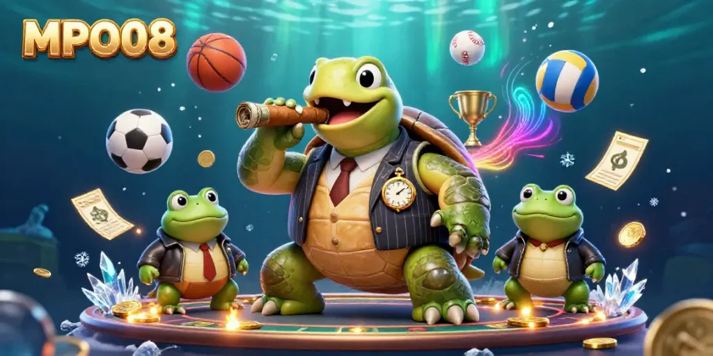 MPO08 showcases a lively 3D scene with cartoon characters celebrating winning bets in a dynamic casino.