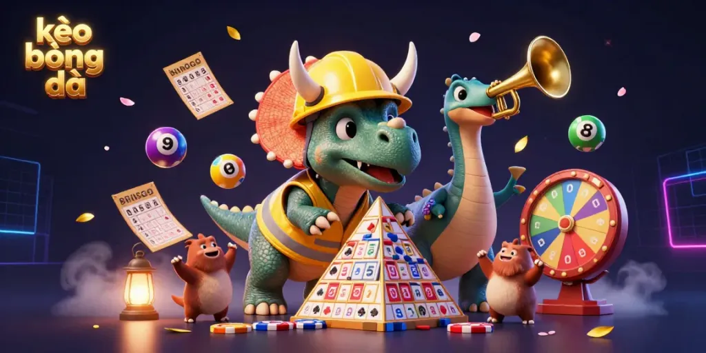 Engage in kèo bóng đá excitement with a triumphant triceratops, lottery elements, and celebratory atmosphere.