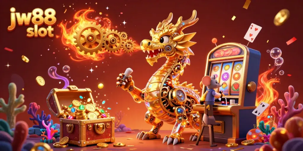 Experience immersive gaming with jw88 slot featuring a golden dragon, treasure, and colorful slot machines.